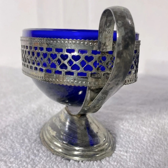 Vintage Silver Tone Pedestal Cobalt  Blue Glass Royal Sapphire Cream & Sugar Set - Picture 10 of 16
